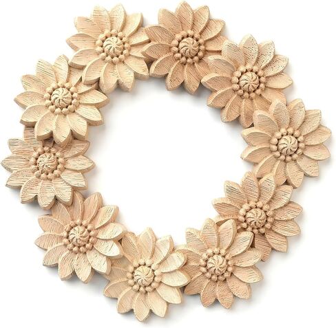 10 Pcs Wood Round Flower Appliques, Decorative Wood Appliques Unpainted Carved Craft Decals for Home Furniture Cabinet Door DIY Decor, 5cm Diameter in Kuwait