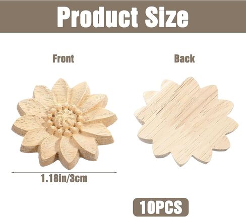 10 Pcs Wood Round Flower Appliques, Decorative Wood Appliques Unpainted Carved Craft Decals for Home Furniture Cabinet Door DIY Decor, 5cm Diameter in Kuwait