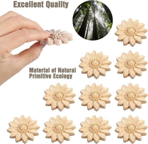 10 Pcs Wood Round Flower Appliques, Decorative Wood Appliques Unpainted Carved Craft Decals for Home Furniture Cabinet Door DIY Decor, 5cm Diameter in Kuwait