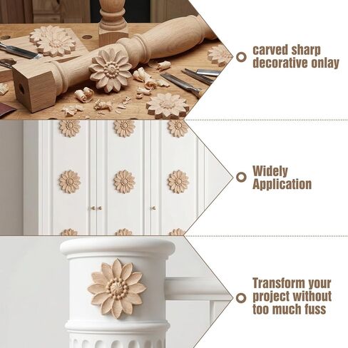 10 Pcs Wood Round Flower Appliques, Decorative Wood Appliques Unpainted Carved Craft Decals for Home Furniture Cabinet Door DIY Decor, 5cm Diameter in Kuwait