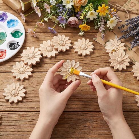 10 Pcs Wood Round Flower Appliques, Decorative Wood Appliques Unpainted Carved Craft Decals for Home Furniture Cabinet Door DIY Decor, 5cm Diameter in Kuwait