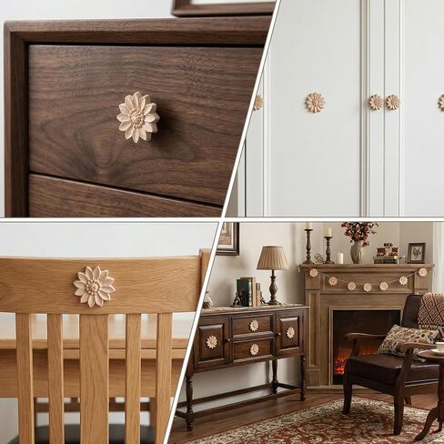 10 Pcs Wood Round Flower Appliques, Decorative Wood Appliques Unpainted Carved Craft Decals for Home Furniture Cabinet Door DIY Decor, 5cm Diameter in Kuwait