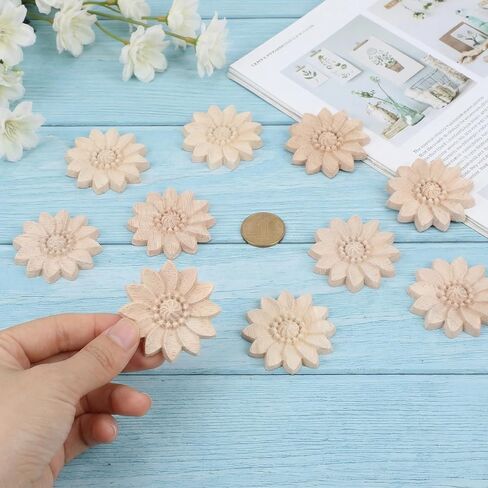 10 Pcs Wood Round Flower Appliques, Decorative Wood Appliques Unpainted Carved Craft Decals for Home Furniture Cabinet Door DIY Decor, 5cm Diameter in Kuwait