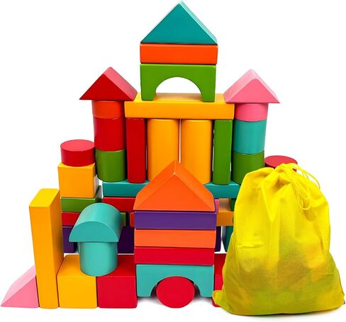 100 Pack Wooden Building Blocks, Colorful Building Blocks with Storage Bag, Large Hardwood Stacking Brick Castle Unit for Adult in Saudi Arabia