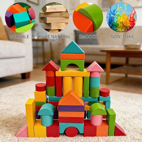 100 Pack Wooden Building Blocks, Colorful Building Blocks with Storage Bag, Large Hardwood Stacking Brick Castle Unit for Adult in Saudi Arabia