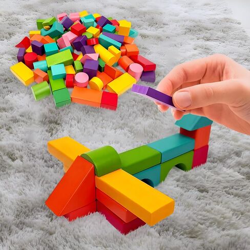 100 Pack Wooden Building Blocks, Colorful Building Blocks with Storage Bag, Large Hardwood Stacking Brick Castle Unit for Adult in Saudi Arabia