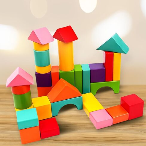 100 Pack Wooden Building Blocks, Colorful Building Blocks with Storage Bag, Large Hardwood Stacking Brick Castle Unit for Adult in Saudi Arabia