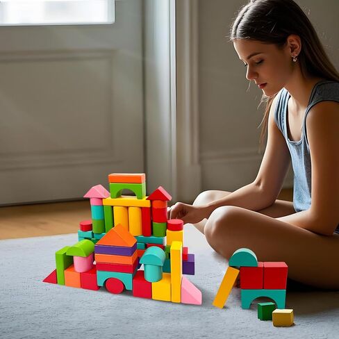 100 Pack Wooden Building Blocks, Colorful Building Blocks with Storage Bag, Large Hardwood Stacking Brick Castle Unit for Adult in Saudi Arabia
