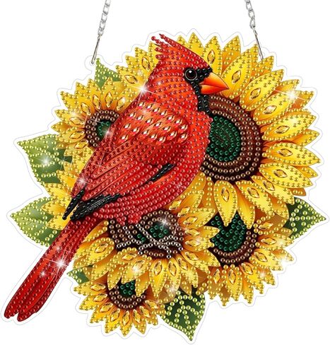 CEOVR Cardinal Hanging Diamond Art for Adults, Cardinal Sunflower Diamond Painting Pendant DIY Gem Art Wall Hanging Ornament, Acrylic Home Garden Decor with Chain, Box Kit 7.78×7.47inch in Saudi Arabia