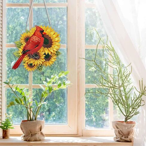 CEOVR Cardinal Hanging Diamond Art for Adults, Cardinal Sunflower Diamond Painting Pendant DIY Gem Art Wall Hanging Ornament, Acrylic Home Garden Decor with Chain, Box Kit 7.78×7.47inch in Saudi Arabia