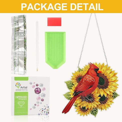 CEOVR Cardinal Hanging Diamond Art for Adults, Cardinal Sunflower Diamond Painting Pendant DIY Gem Art Wall Hanging Ornament, Acrylic Home Garden Decor with Chain, Box Kit 7.78×7.47inch in Saudi Arabia