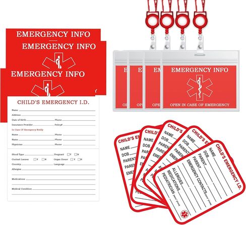 Child Emergency Contact Sticker Tags Car Seat Safety Set 10 Pcs Ice Emergency Sticker with 10 Folding Medical Information Id Card and Card Sleeves Medical Information Card with Lanyard (10 Set) in Saudi Arabia