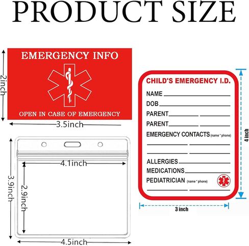 Child Emergency Contact Sticker Tags Car Seat Safety Set 10 Pcs Ice Emergency Sticker with 10 Folding Medical Information Id Card and Card Sleeves Medical Information Card with Lanyard (10 Set) in Saudi Arabia