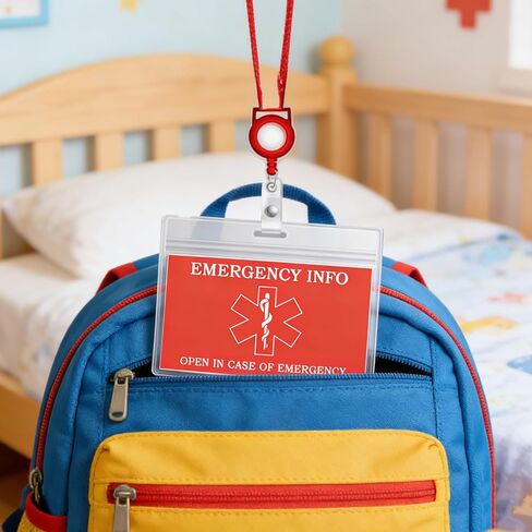 Child Emergency Contact Sticker Tags Car Seat Safety Set 10 Pcs Ice Emergency Sticker with 10 Folding Medical Information Id Card and Card Sleeves Medical Information Card with Lanyard (10 Set) in Saudi Arabia