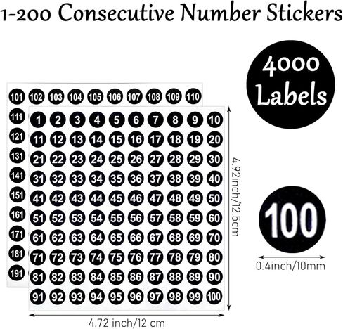 Hecila Number Stickers Labels Black Number Sticker 4000Pcs Consecutive Numbers Stickers 1-200 Vinyl Numbered Sticker Waterproof Round Self-Adhesive and Residue-Free Decals for Office Storage Inventory in Saudi Arabia