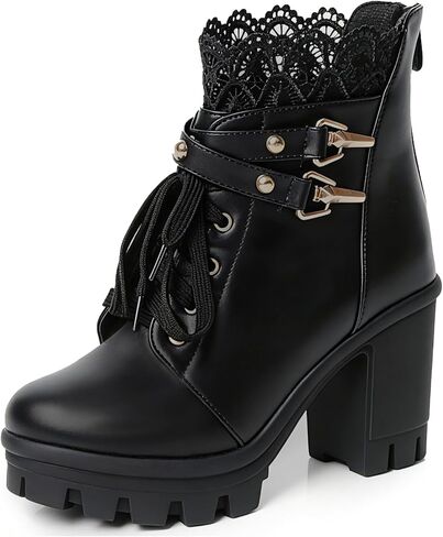 FOREADA Goth Boots Chunky Heel Boot For Women Ankle Combat Booties Black Platform Bootie Buckle Rivets Punk Goth Shoes With Zipper in Saudi Arabia