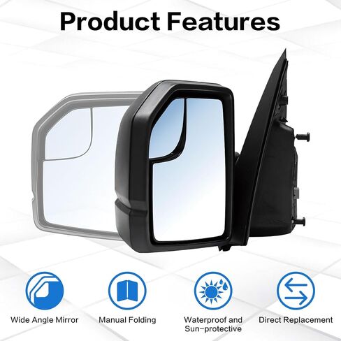 استبدال المرآة الجانبية للسائق مناسب لملحقات Ford F150 2015-2020، مجموعة مرآة الجانب الأيسر، زجاج الطاقة، طي يدوي، بدون ضوء إشارة، غير مسخن (3 دبابيس) يستبدل: ‎FL3Z17683AK in Kuwait