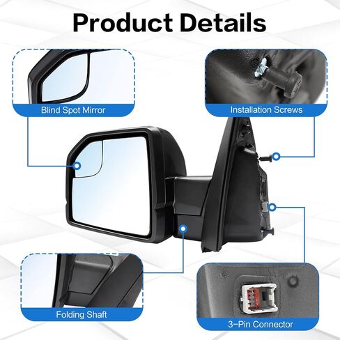 استبدال المرآة الجانبية للسائق مناسب لملحقات Ford F150 2015-2020، مجموعة مرآة الجانب الأيسر، زجاج الطاقة، طي يدوي، بدون ضوء إشارة، غير مسخن (3 دبابيس) يستبدل: ‎FL3Z17683AK in Kuwait