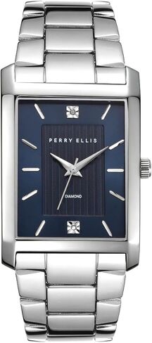 Perry Ellis Men's Watch – Rectangular Silver-Tone, Dark Blue Textured Dial with Diamond Accents, Silver Faceted Indexes, Stretch Bracelet, Quartz Analog Fashion Accessory in Saudi Arabia
