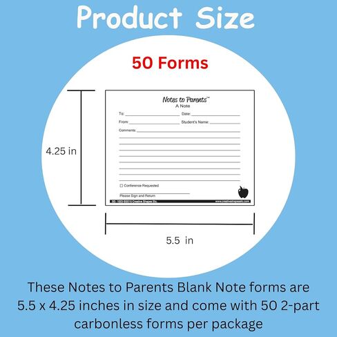 SHAPES ETC. 4.25 x 5.5in Blank Note Notes to Parents, 50 Two-Part Carbonless Forms, Notes Home, Student Progress Reports, Teacher-Parent Communication, Learning Aid, Made in USA in Kuwait
