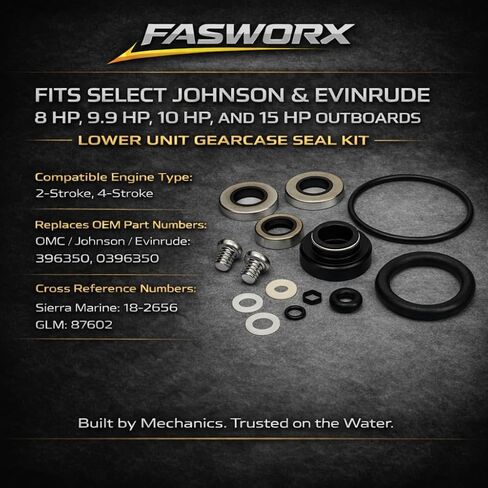 طقم ختم علبة التروس للوحدة السفلية من FASWORX لـ Johnson Evinrude 9.9 HP & 15 HP (1974-Up)، 8 HP، 10 HP Outboards - يستبدل OEM 396350، 0396350، Sierra 18-2656 - طقم إعادة إغلاق مبيت التروس من الدرجة البحرية in Saudi Arabia