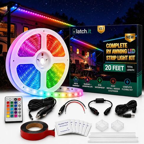 LATCH.IT 12V RV Awning Lights | 20-Foot V2.1 RV Awning LED Light Strip DIY-Kit | RGB RV LED Lights Exterior IP68 Water-Resistant | The Original & Most-Complete Camper Awning Lights in The Market in Saudi Arabia