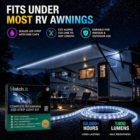 LATCH.IT 12V RV Awning Lights | 20-Foot V2.1 RV Awning LED Light Strip DIY-Kit | RGB RV LED Lights Exterior IP68 Water-Resistant | The Original & Most-Complete Camper Awning Lights in The Market in Saudi Arabia