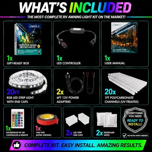 LATCH.IT 12V RV Awning Lights | 20-Foot V2.1 RV Awning LED Light Strip DIY-Kit | RGB RV LED Lights Exterior IP68 Water-Resistant | The Original & Most-Complete Camper Awning Lights in The Market in Saudi Arabia