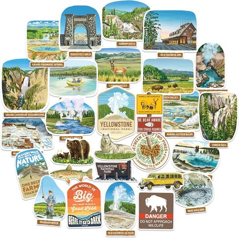 Navy Peony Yellowstone National Park Stickers (28pcs) – Hand-Illustrated, America, Nature-Themed Decals for Journals, Scrapbooks, Water Bottles in Kuwait