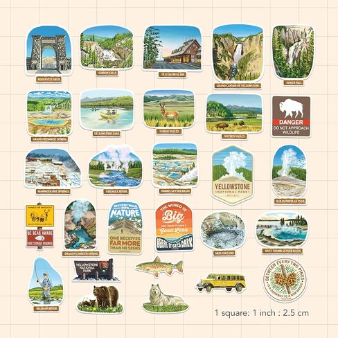 Navy Peony Yellowstone National Park Stickers (28pcs) – Hand-Illustrated, America, Nature-Themed Decals for Journals, Scrapbooks, Water Bottles in Kuwait