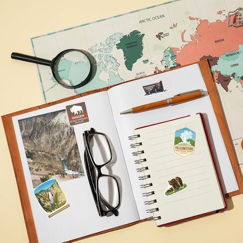 Navy Peony Yellowstone National Park Stickers (28pcs) – Hand-Illustrated, America, Nature-Themed Decals for Journals, Scrapbooks, Water Bottles in Kuwait