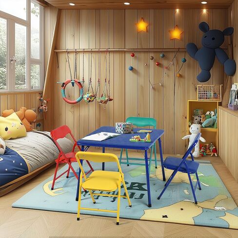 Homy Casa Kids Folding Square Table and 4 Chairs Set, Multi-Color 5-Piece Foldable Lightweight Table and Chair Set for Art, Play, Craft, Activity, Children Table for Daycare, Classroom, Home, Blue in Saudi Arabia