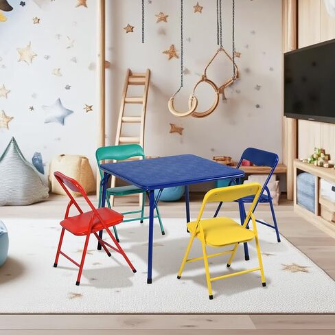 Homy Casa Kids Folding Square Table and 4 Chairs Set, Multi-Color 5-Piece Foldable Lightweight Table and Chair Set for Art, Play, Craft, Activity, Children Table for Daycare, Classroom, Home, Blue in Saudi Arabia