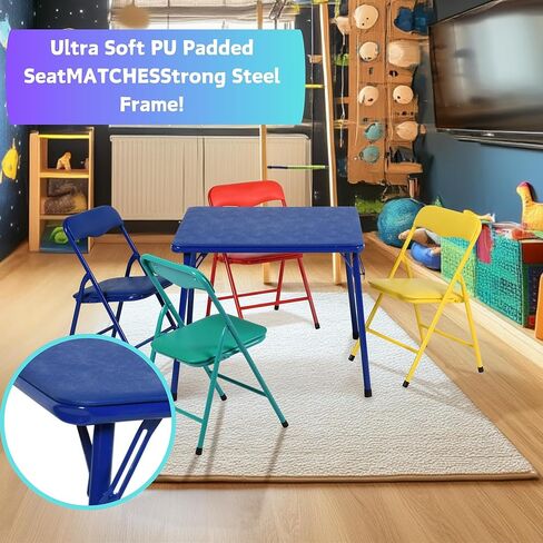 Homy Casa Kids Folding Square Table and 4 Chairs Set, Multi-Color 5-Piece Foldable Lightweight Table and Chair Set for Art, Play, Craft, Activity, Children Table for Daycare, Classroom, Home, Blue in Saudi Arabia