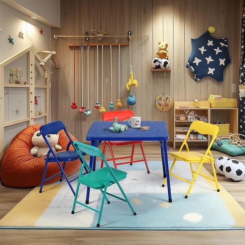 Homy Casa Kids Folding Square Table and 4 Chairs Set, Multi-Color 5-Piece Foldable Lightweight Table and Chair Set for Art, Play, Craft, Activity, Children Table for Daycare, Classroom, Home, Blue in Saudi Arabia