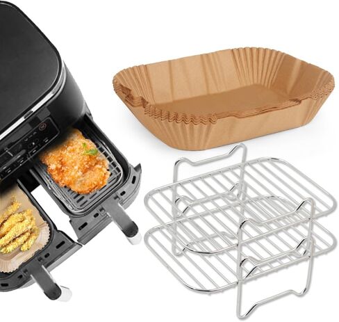 2pcs Air Fryer Rack Set with 100pcs Parchment Paper Compatible with Ninja Foodi Air Fryer DZ201, DZ401, 304 Stainless Steel Toast Dehydrator Racks Air Fryer Paper Liners for Double Basket Air Fryer in Saudi Arabia
