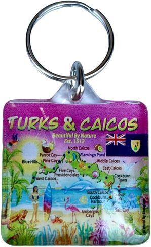 World By Shotglass Turks & Caicos Map أكريليك مربع سلسلة مفاتيح تذكارية 1.5 بوصة × 1.5 بوصة in Kuwait