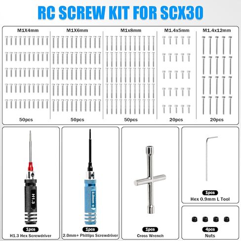 190pcs RC Screw Kit, M1/M1.4 Screws Assortment Set with Phillips Screwdriver Hex Driver RC Car Tools for Axial SCX30 RC Crawler Cars Trucks, with Organizer Storage Case in Kuwait