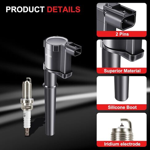 Ignition Coil Pack and Iridium Spark Plugs Set of 8 Compatible with Ford Mustang 4.6L 1999-2004, 5.4L 2007-2012, 5.8L 2013-2014, GT 2005-2006, Aviator Continental Navigator, OE# UF191 6708 in Kuwait