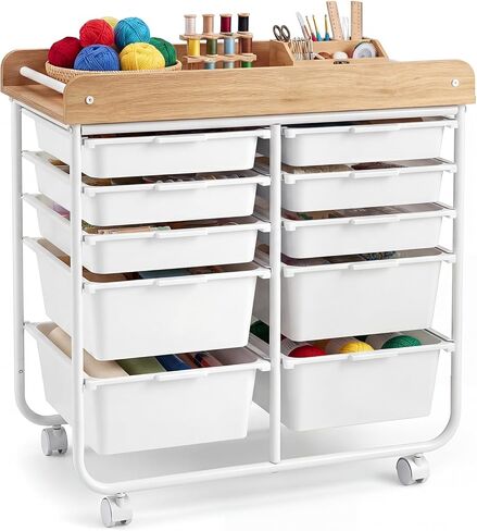 RELAX4LIFE 10-Drawer Rolling Cart with Drawers - Mobile Art Craft Organizer w/Wooden Top, Lockable Wheels, Metal Frame & Handles, Utility Storage Cart for Office Study School Classroom (White) in Saudi Arabia