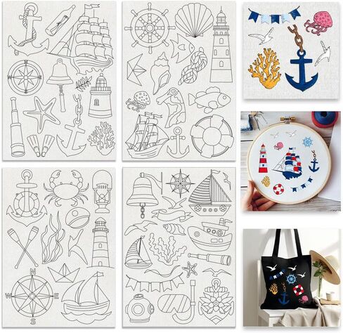 BENECREAT 4Sheets 55Pcs Water Soluble Embroidery, 11.7x8.3inch Summer Ocean Navigation Pattern Transfers Water Soluble Stabilizer for Embroidery Stick and Stitch Embroidery Designs in Kuwait