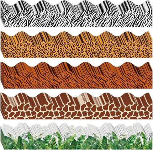 80 Pcs Animal Print Bulletin Board Borders Safari Jungle Animals Scalloped Classroom Borders Leopard Zebra Tiger Giraffe Tropical Leaves Print Bulletin Board Decorations for School Office Home Wall in Saudi Arabia