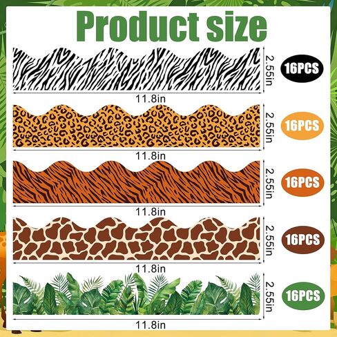 80 Pcs Animal Print Bulletin Board Borders Safari Jungle Animals Scalloped Classroom Borders Leopard Zebra Tiger Giraffe Tropical Leaves Print Bulletin Board Decorations for School Office Home Wall in Saudi Arabia