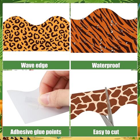 80 Pcs Animal Print Bulletin Board Borders Safari Jungle Animals Scalloped Classroom Borders Leopard Zebra Tiger Giraffe Tropical Leaves Print Bulletin Board Decorations for School Office Home Wall in Saudi Arabia