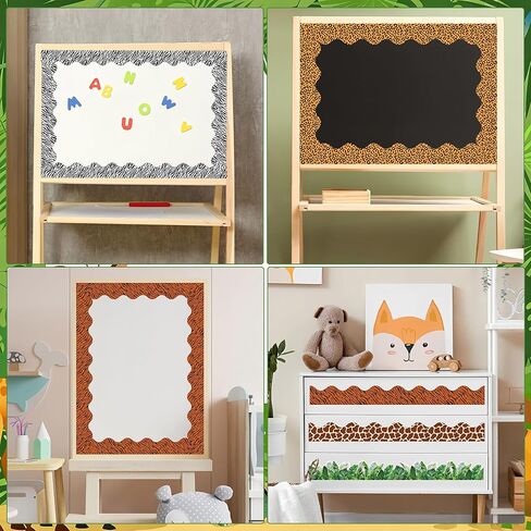 80 Pcs Animal Print Bulletin Board Borders Safari Jungle Animals Scalloped Classroom Borders Leopard Zebra Tiger Giraffe Tropical Leaves Print Bulletin Board Decorations for School Office Home Wall in Saudi Arabia