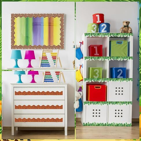80 Pcs Animal Print Bulletin Board Borders Safari Jungle Animals Scalloped Classroom Borders Leopard Zebra Tiger Giraffe Tropical Leaves Print Bulletin Board Decorations for School Office Home Wall in Saudi Arabia