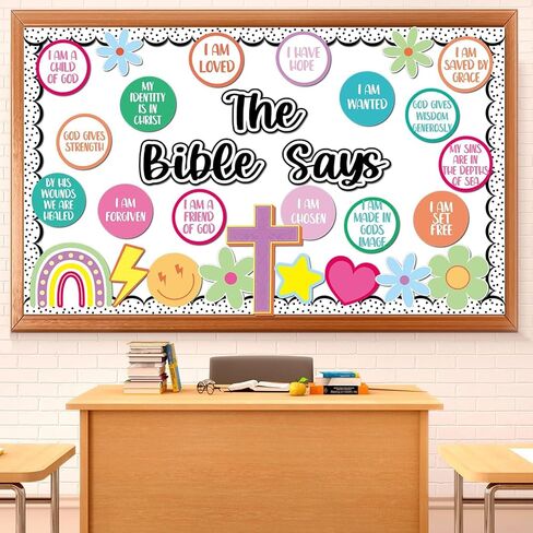 Christian Bulletin Board Decoration Set The Bible Says Bulletin Board Colorful Rainbow Classroom Decorations Inspirational Religious Cross Bible Cutouts for Sunday School VBS Chalkboard Wall Decor in Kuwait