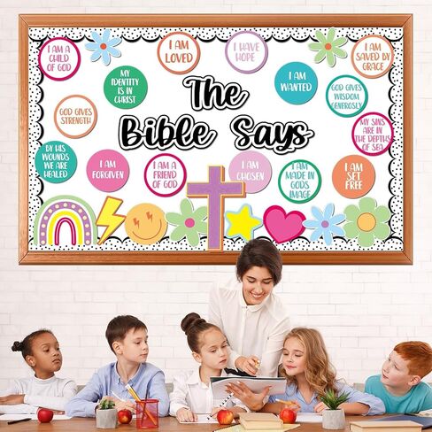 Christian Bulletin Board Decoration Set The Bible Says Bulletin Board Colorful Rainbow Classroom Decorations Inspirational Religious Cross Bible Cutouts for Sunday School VBS Chalkboard Wall Decor in Kuwait