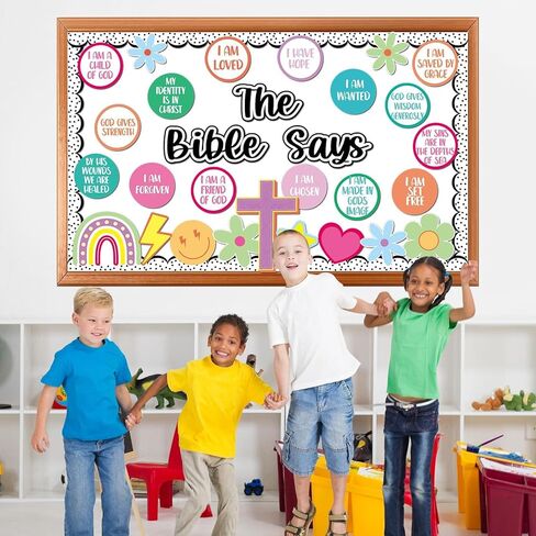 Christian Bulletin Board Decoration Set The Bible Says Bulletin Board Colorful Rainbow Classroom Decorations Inspirational Religious Cross Bible Cutouts for Sunday School VBS Chalkboard Wall Decor in Kuwait