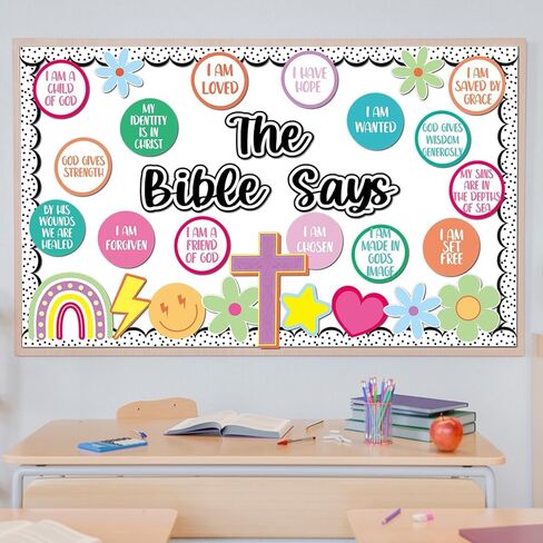 Christian Bulletin Board Decoration Set The Bible Says Bulletin Board Colorful Rainbow Classroom Decorations Inspirational Religious Cross Bible Cutouts for Sunday School VBS Chalkboard Wall Decor in Kuwait